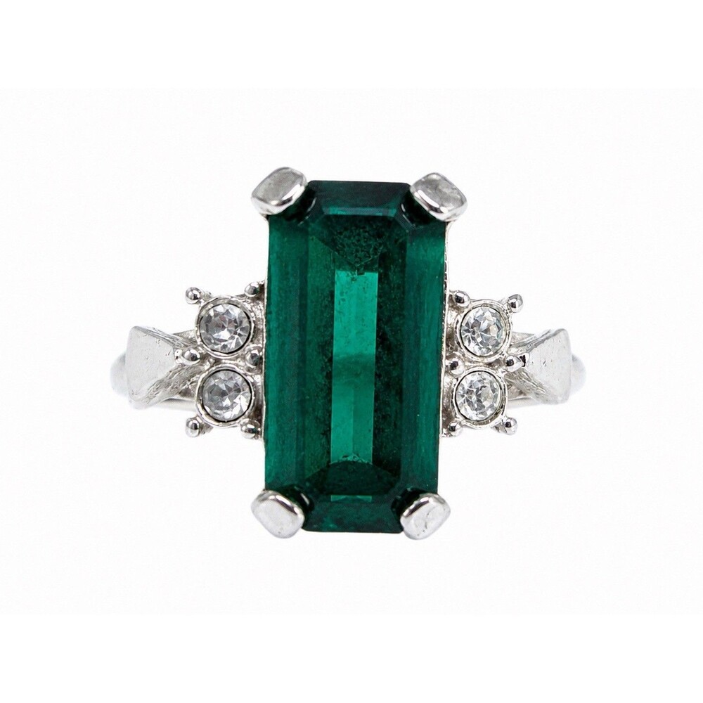 Vintage 1975 Avon Emerald Cut Green Glass Adjustable Ring Silver Tone Rhinestone